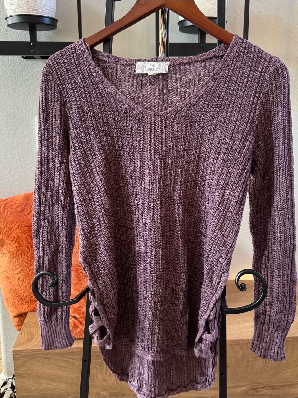 Pink Republic Plum Knit V-Neck Sweater Tunic with Side Ties